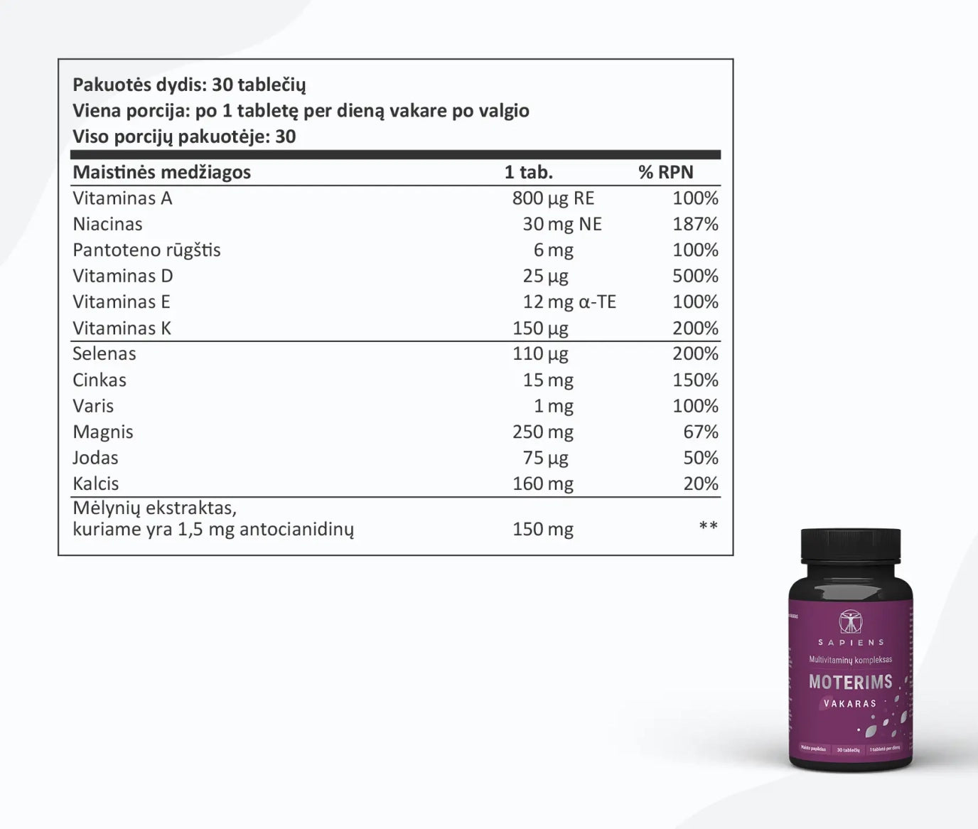 SAPIENS, Vitaminų rinkinys MOTERIMS, 1 vnt