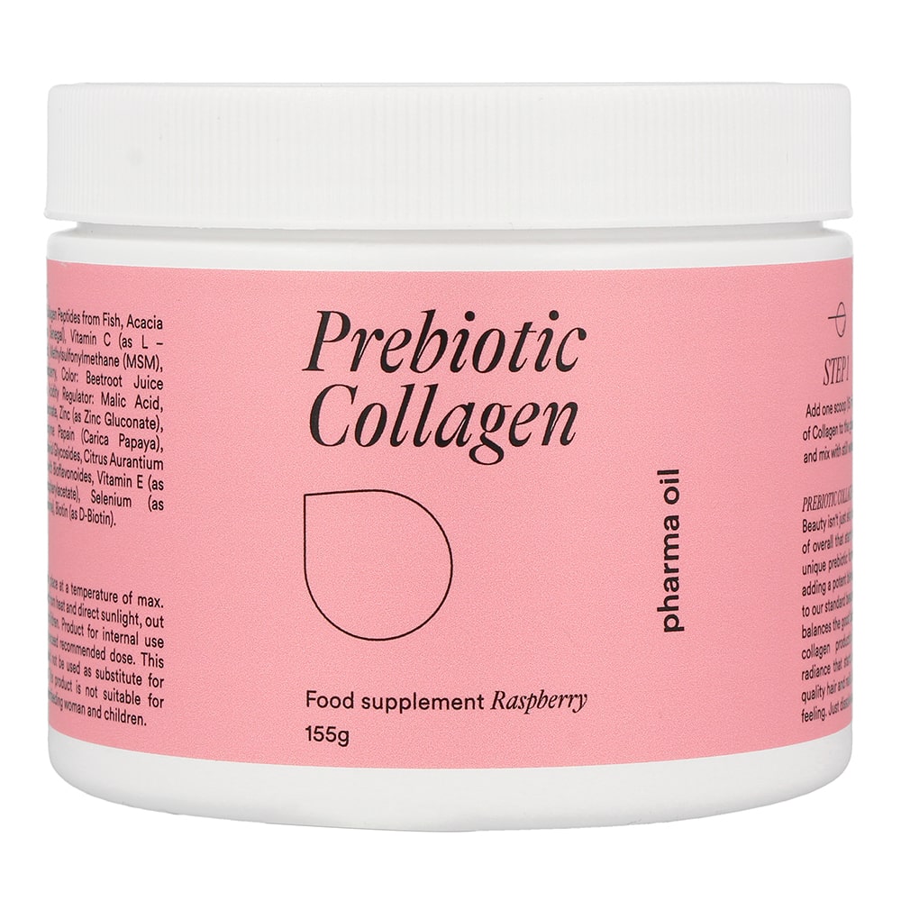 PHARMA OIL, maisto papildas PREBIOTIC COLLAGEN, aviečių skonio 155 g, 1 vnt.