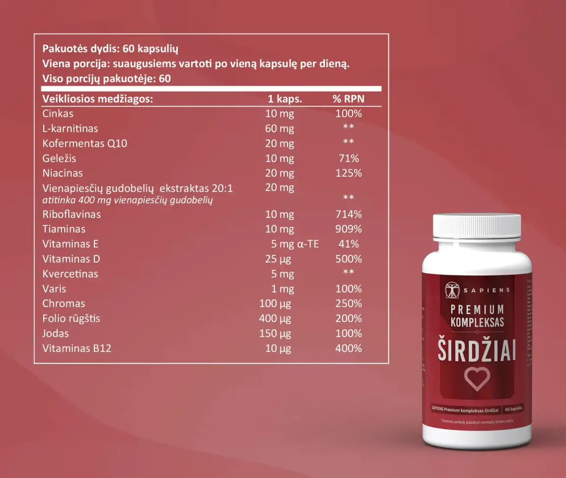 SAPIENS, premium kompleksas širdžiai, 60 kapsulių