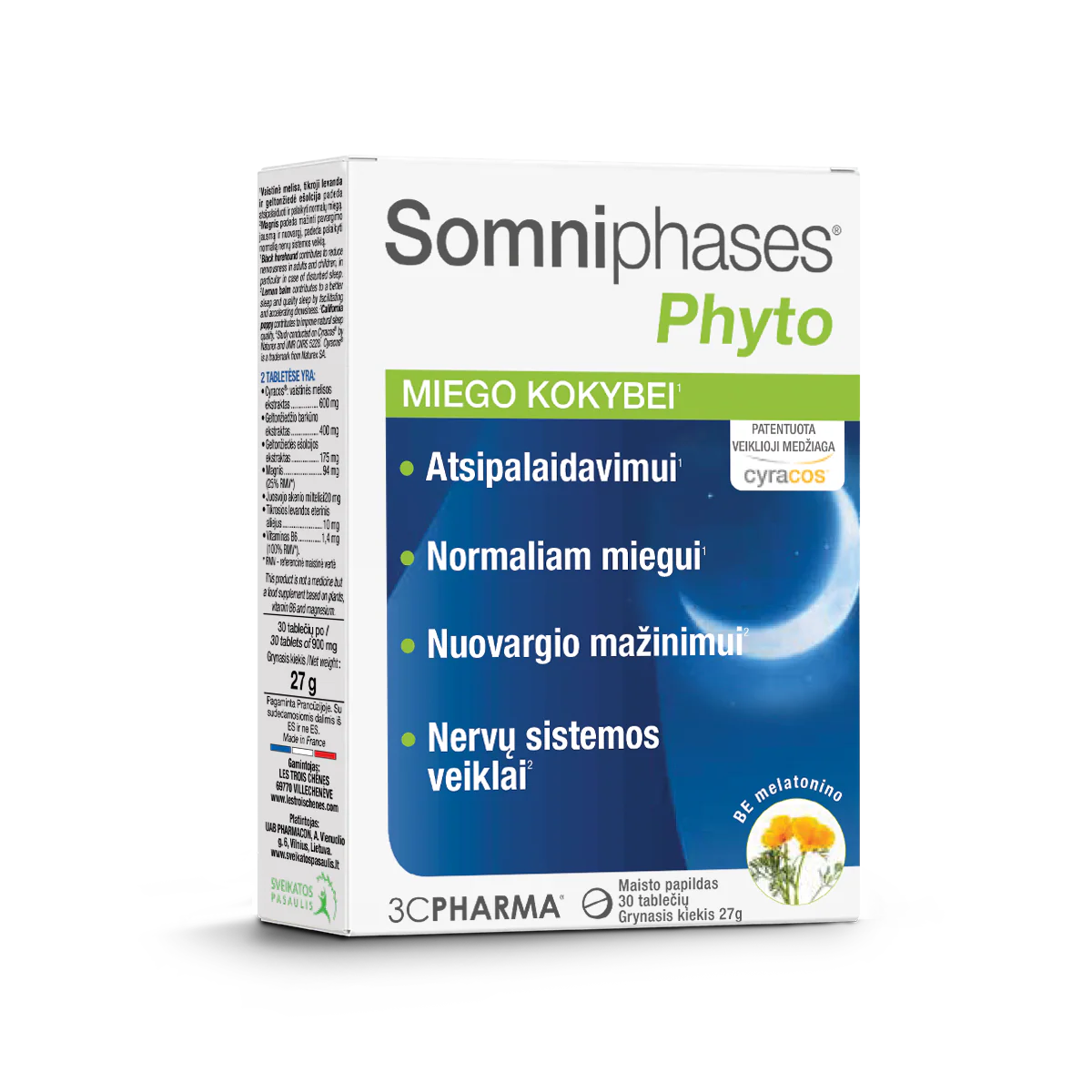 3C PHARMA SOMNIPHASES PHYTO miegui nuo 12 m. 30 tablečių