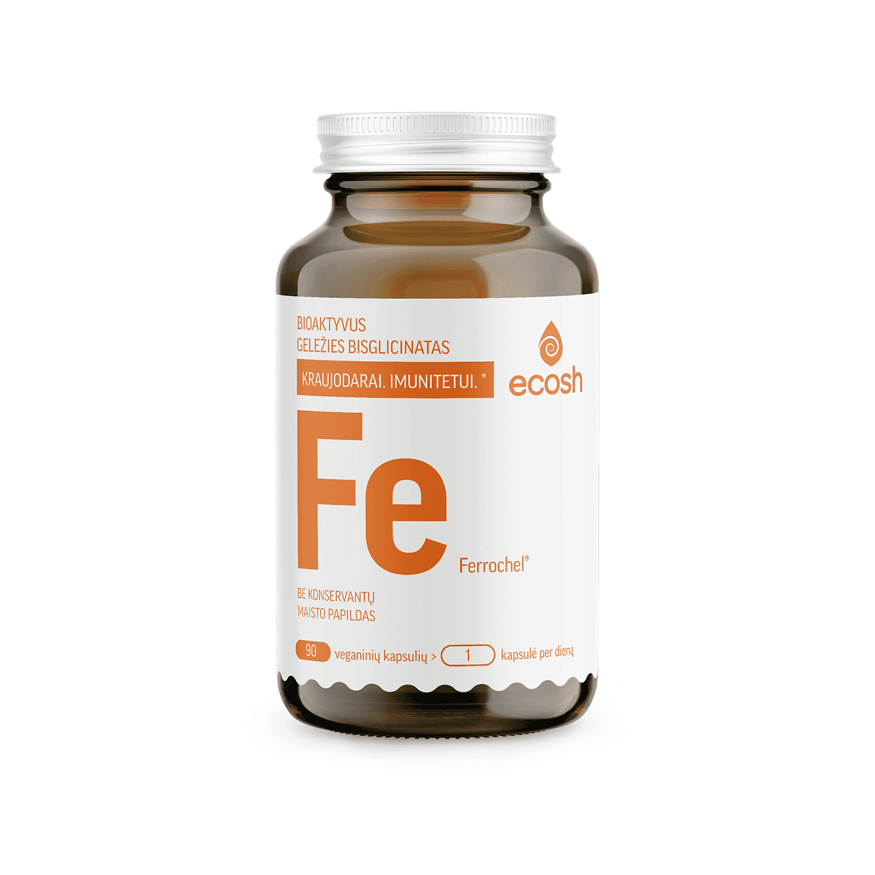 ECOSH bioaktyvi Geležis Ferrochel®, bisglicinatas 27mg, su vitaminu C, 90 kapsulių