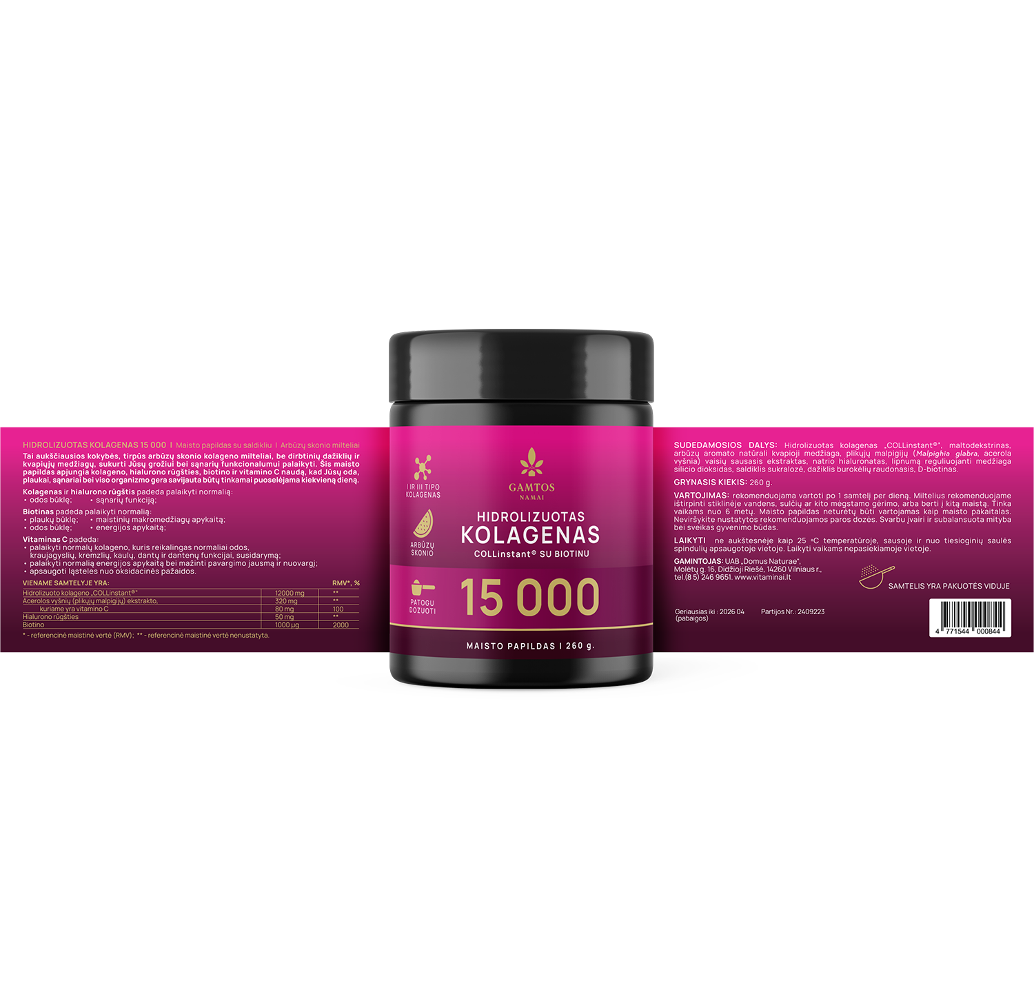 GAMTOS NAMAI, HIDROLIZUOTAS KOLAGENAS COLLinstant®15 000 SU BIOTINU, 260 gr.