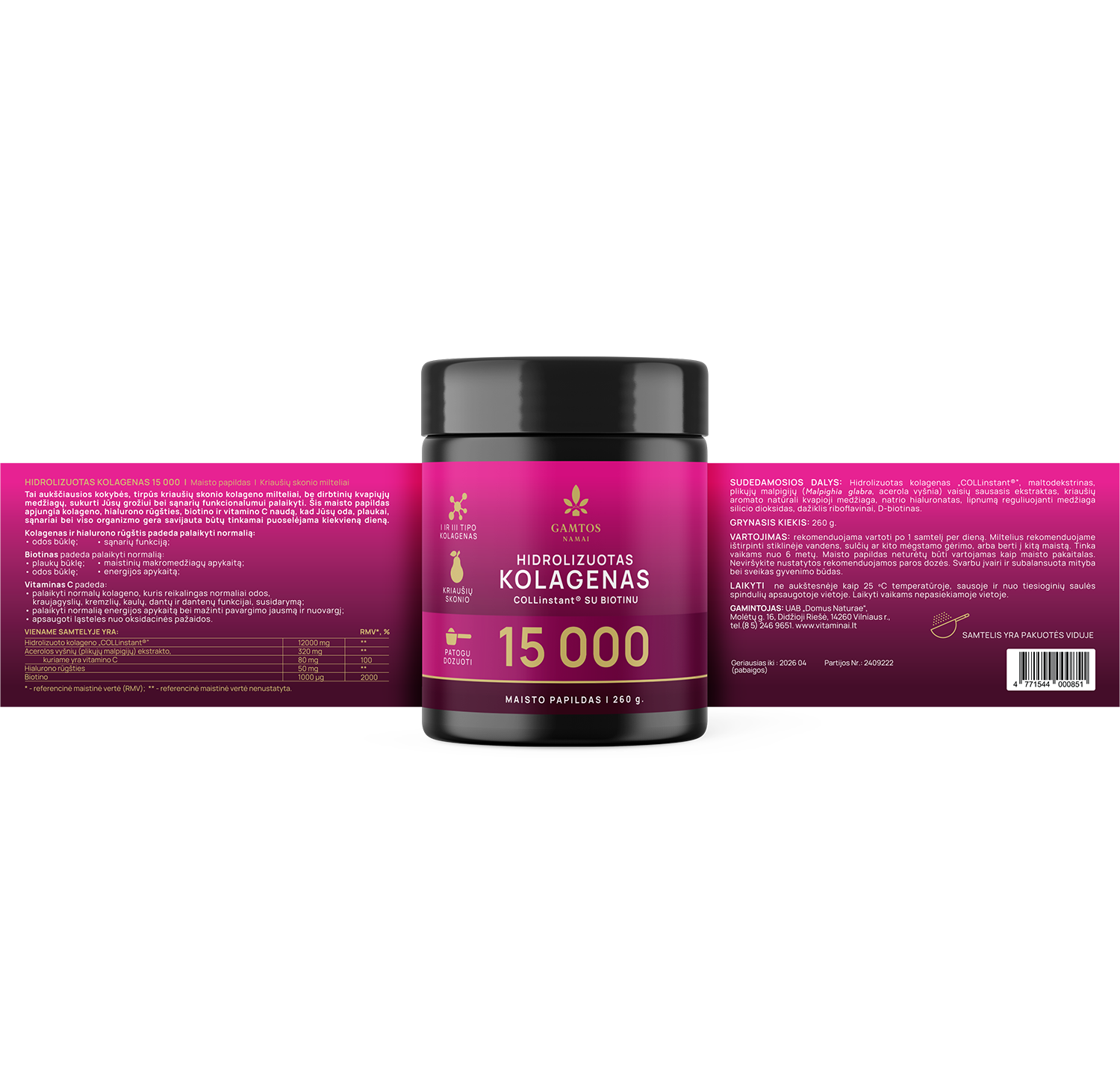 GAMTOS NAMAI, HIDROLIZUOTAS KOLAGENAS COLLinstant® 15 000 SU BIOTINU, 260 gr.