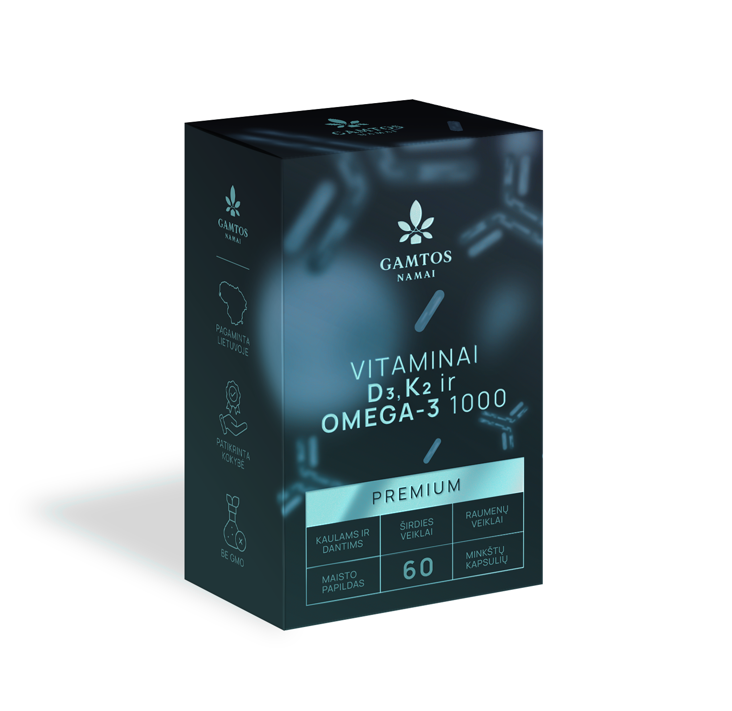 GAMTOS NAMAI, vitaminai D3, K2 + omega-3 1000 PREMIUM, 60 kapsulių