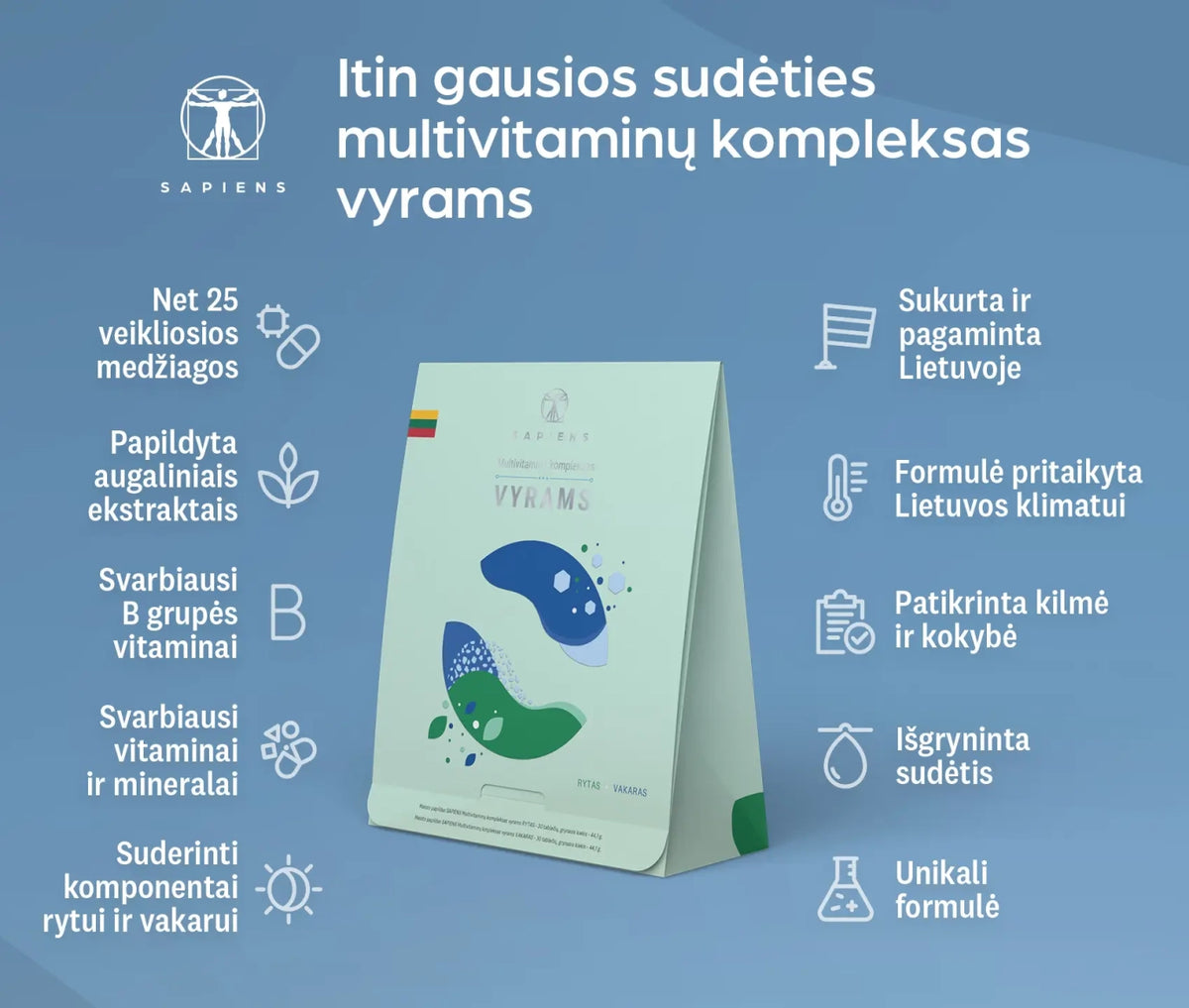 SAPIENS, multivitaminų kompleksas vyrams (Rytas + Vakaras), 60 tablečių