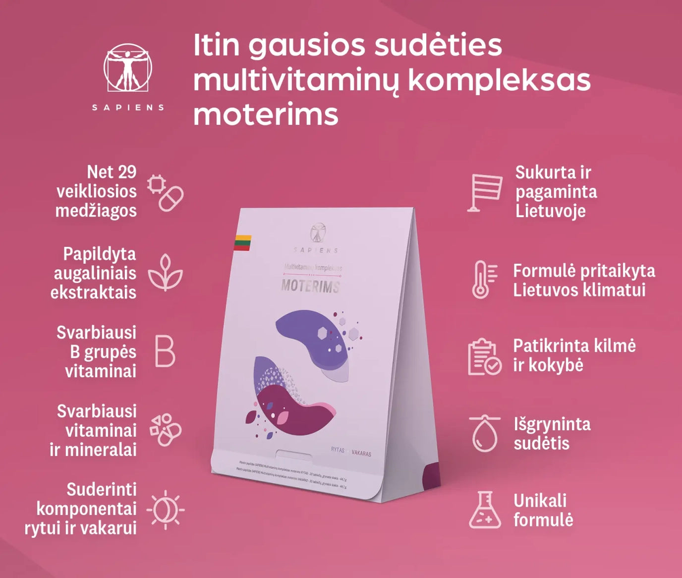 SAPIENS, multivitaminų kompleksas moterims (Rytas + Vakaras), 60 tablečių