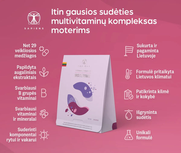 SAPIENS, multivitaminų kompleksas moterims (Rytas + Vakaras), 60 tablečių