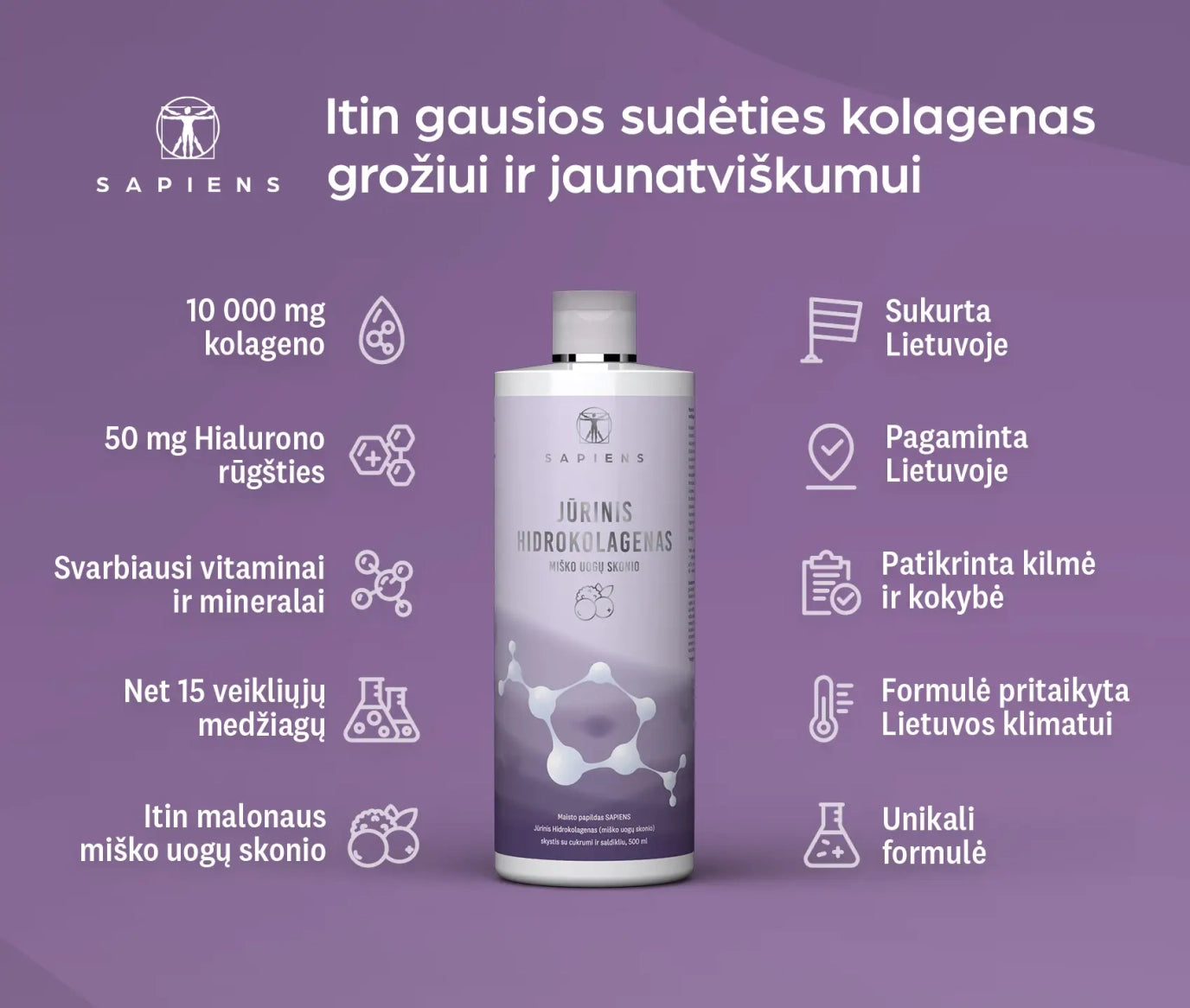 SAPIENS jūrinis hidrokolagenas su hialuronu, miško uogų skonio, 500 ml