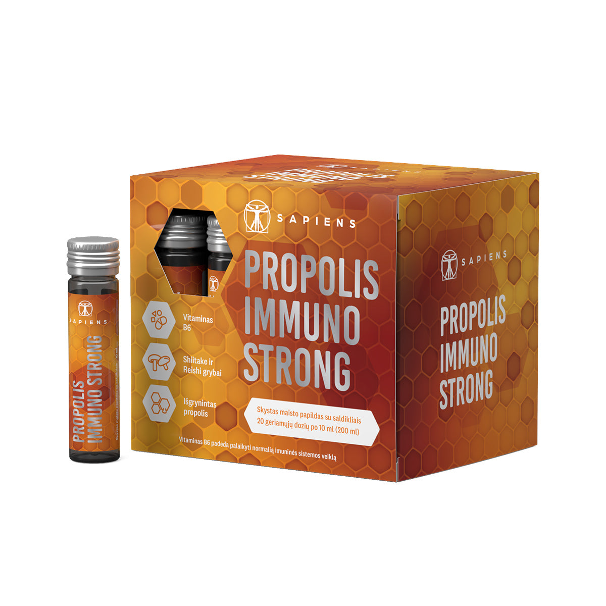 SAPIENS, maisto papildas, PROPOLIS IMMUNO STRONG shots, 20 geriamųjų dozių po 10 ml