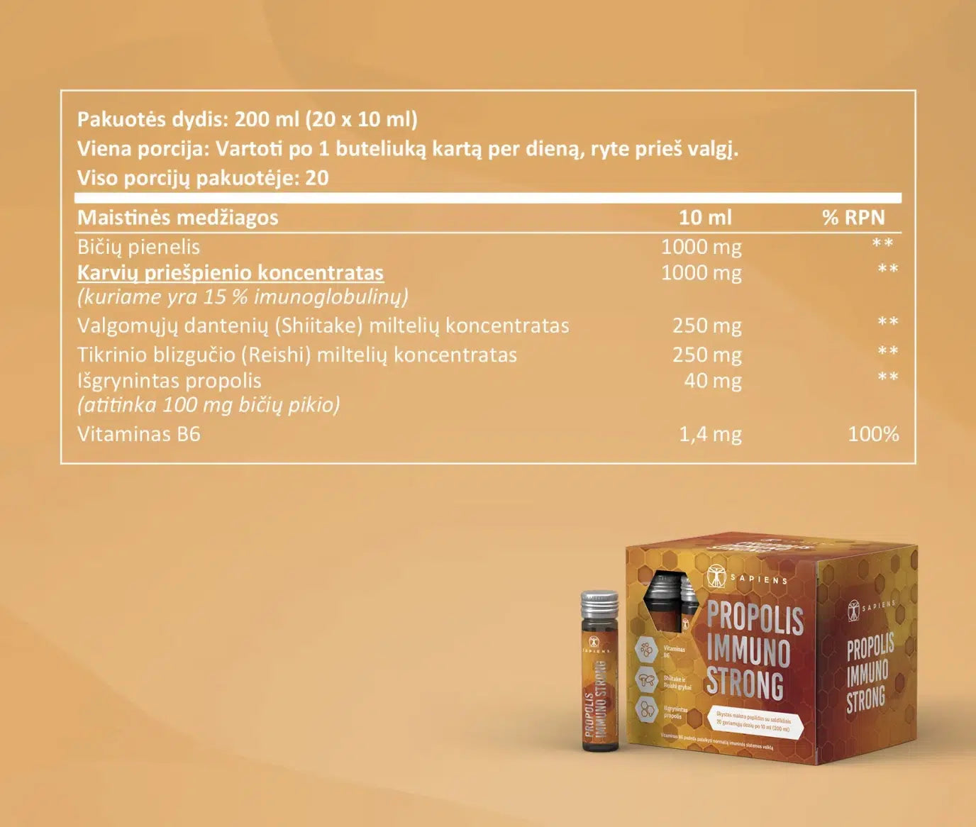SAPIENS, maisto papildas, PROPOLIS IMMUNO STRONG shots, 20 geriamųjų dozių po 10 ml