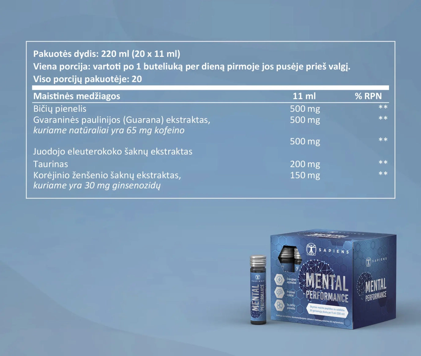 SAPIENS, maisto papildas MENTAL PERFORMANCE shots, 20 geriamųjų dozių po 11 ml
