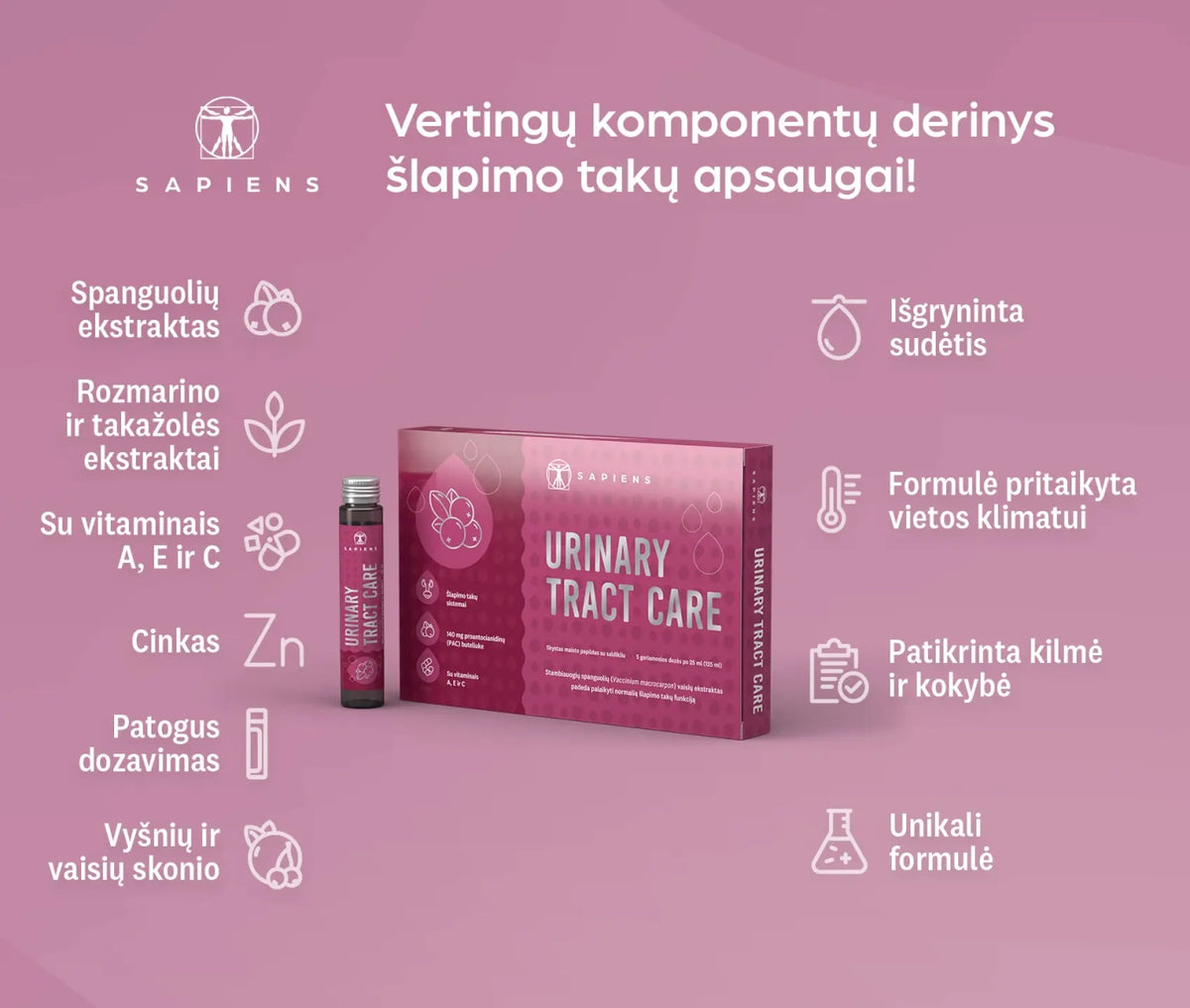 SAPIENS maisto papildas Urinary Tract Care, 5 geriamosios dozės po 25 ml