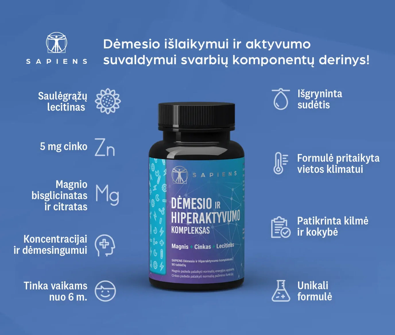 SAPIENS, dėmesio ir hiperaktyvumo maisto papildų kompleksas, 90 tablečių