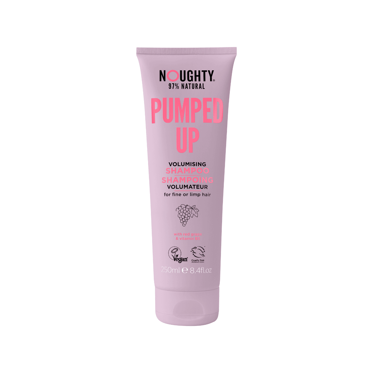 NOUGHTY Pumped Up plaukų apimtį didinantis šampūnas ploniems suglebusiems plaukams su raudonųjų vynuogių ekstraktais ir vitaminu B5, 250 ml