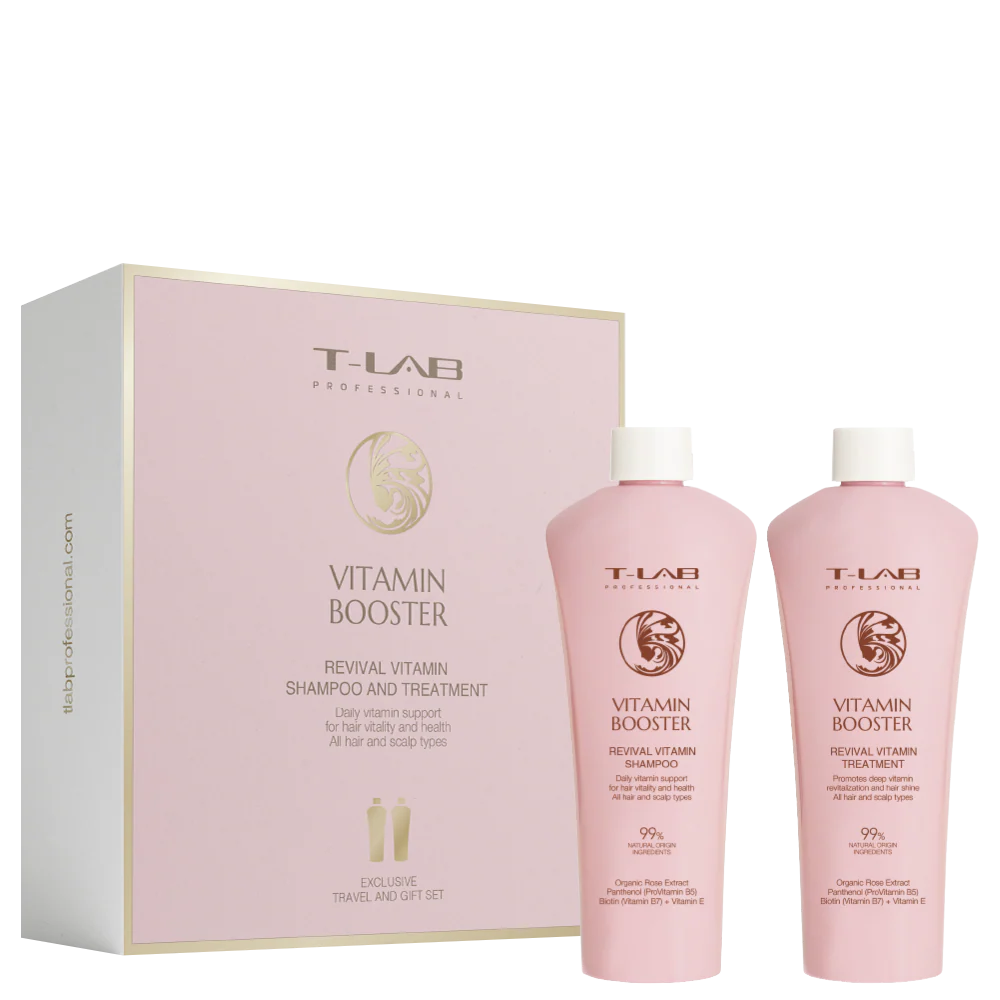 T-LAB Professional VITAMIN BOOSTER, atgaivinantis vitaminų šampūno ir kondicionieriausi kelioninis rinkinys, 100ml + 100ml