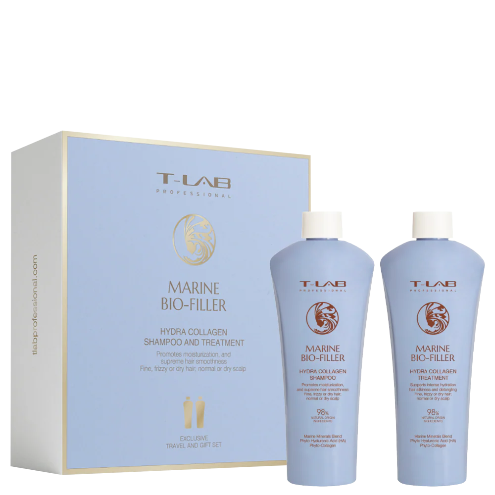 T-LAB Professional Marine Bio-Filler Hydra Collagen Shampoo šampūno ir kondicionieriaus kelioninis rinkinys 100ml+100ml