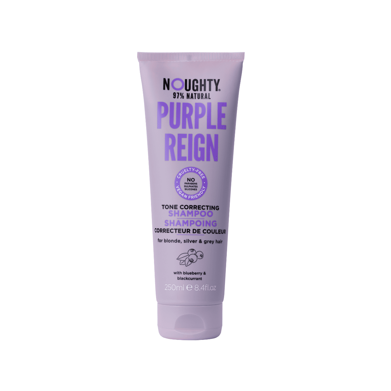 NOUGHTY Purple Reign geltonus plaukų atspalvius koreguojantis šampūnas su mėlynių ir juodųjų serbentų ekstraktais, 250 ml