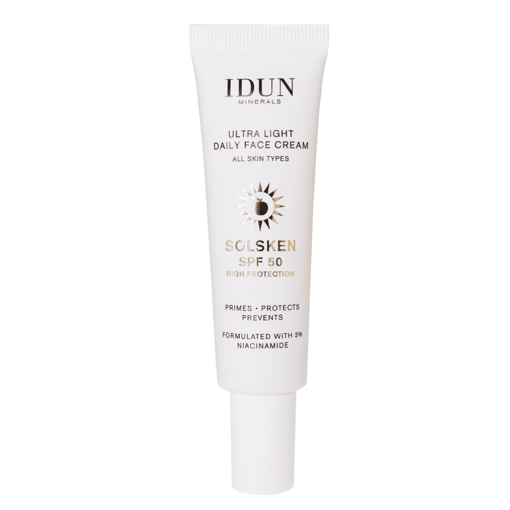 IDUN Minerals ypač lengvas dieninis veido kremas su niacinamidu, visų tipų odai, SPF 50, 30 ml (makiažo bazė)