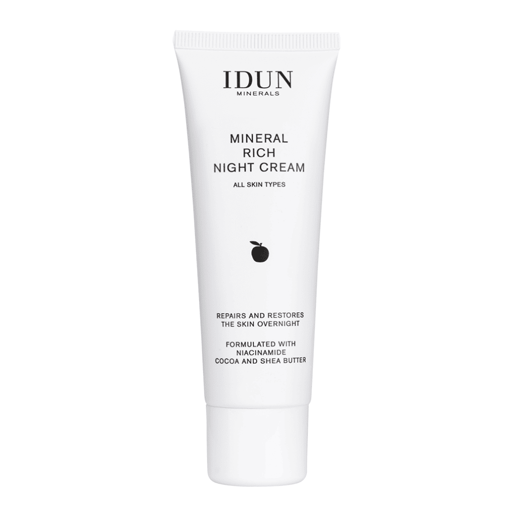 IDUN Minerals atkuriamasis naktinis veido kremas su niacinamidu ir kakavos ir sviestmedžių sviestais, visiems odos tipams, 50 ml