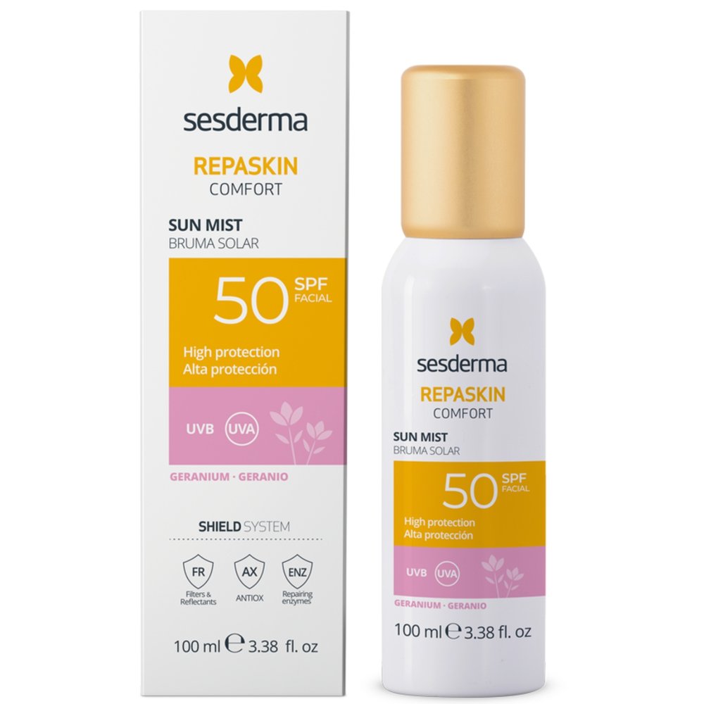 SESDERMA, repaskin comfort apsauginė veido dulksna nuo saulės su pelargonijų aromatu spf50, 100 ml