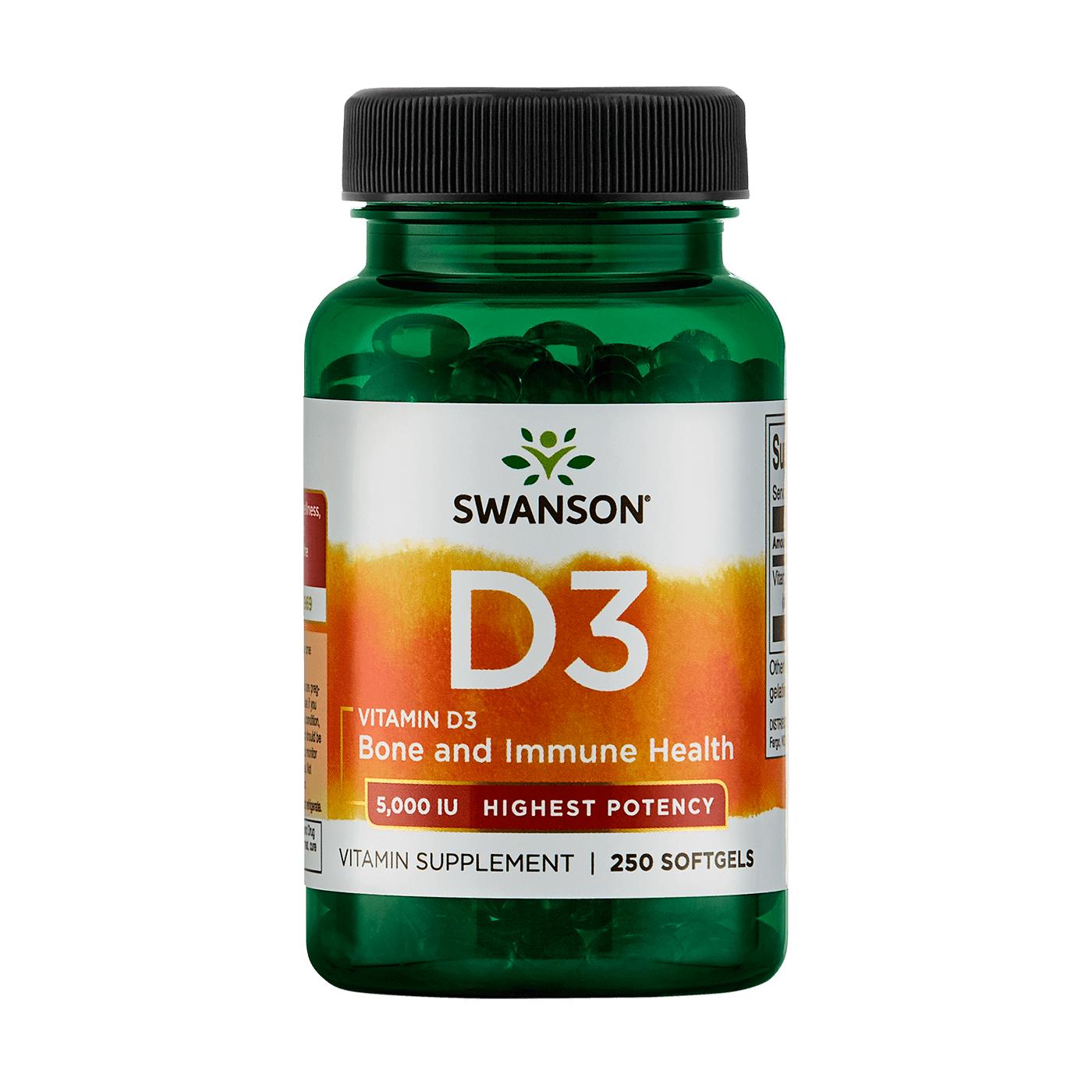 SWANSON, Vitaminas d3, 5000tv su linų sėmenų aliejumi, 250 kaps.