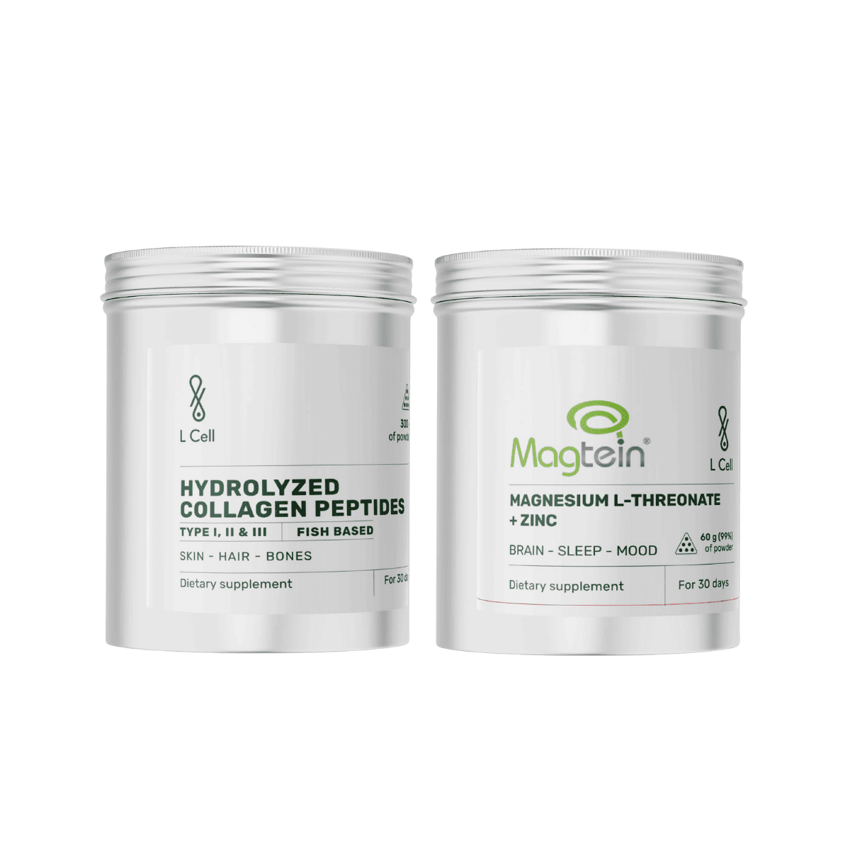 L Cell rinkinys (L Cell Hidrolizuoti kolageno peptidai (jūriniai), milteliai, 300 g + L Cell Magnio L-Treonatas, milteliai, 60 g)