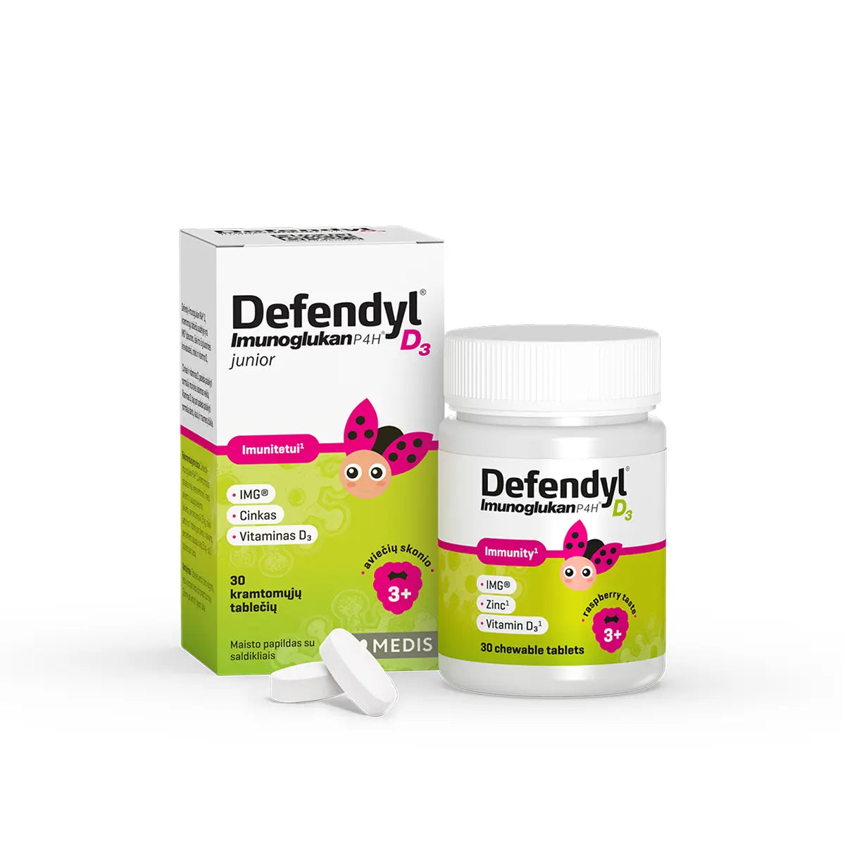 DEFENDYL-IMUNOGLUKAN P4H D3 JUNIOR, aviečių skonio, 30 kramtomųjų tablečių