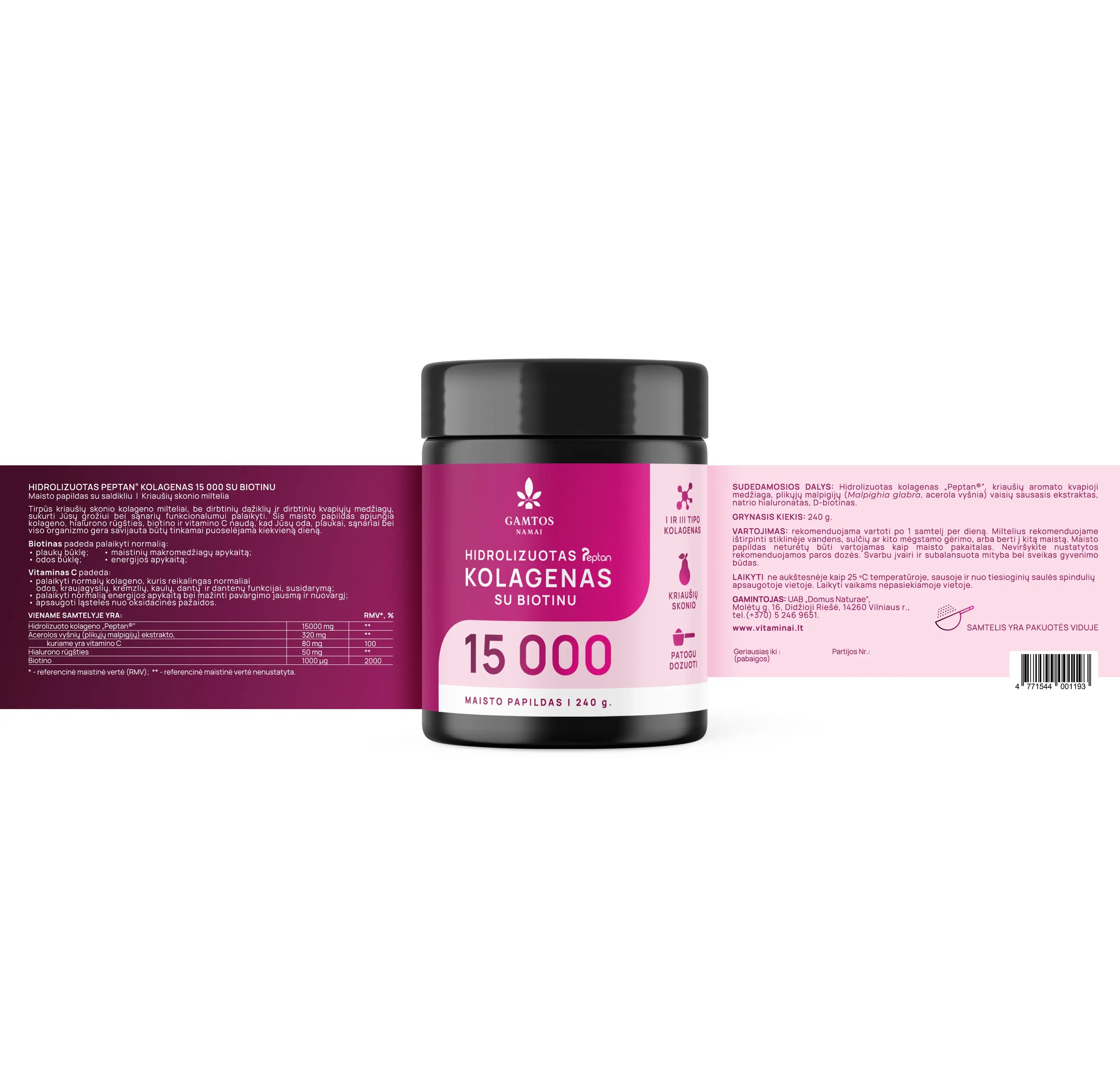 GAMTOS NAMAI, HIDROLIZUOTAS KOLAGENAS PEPTAN® 15 000 SU BIOTINU , kriaušių skonio,260 gr.