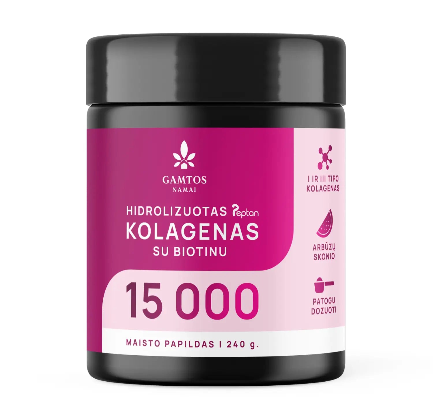 GAMTOS NAMAI, HIDROLIZUOTAS KOLAGENAS PEPTAN® 15 000 SU BIOTINU, arbūzų skonio, 260 gr.
