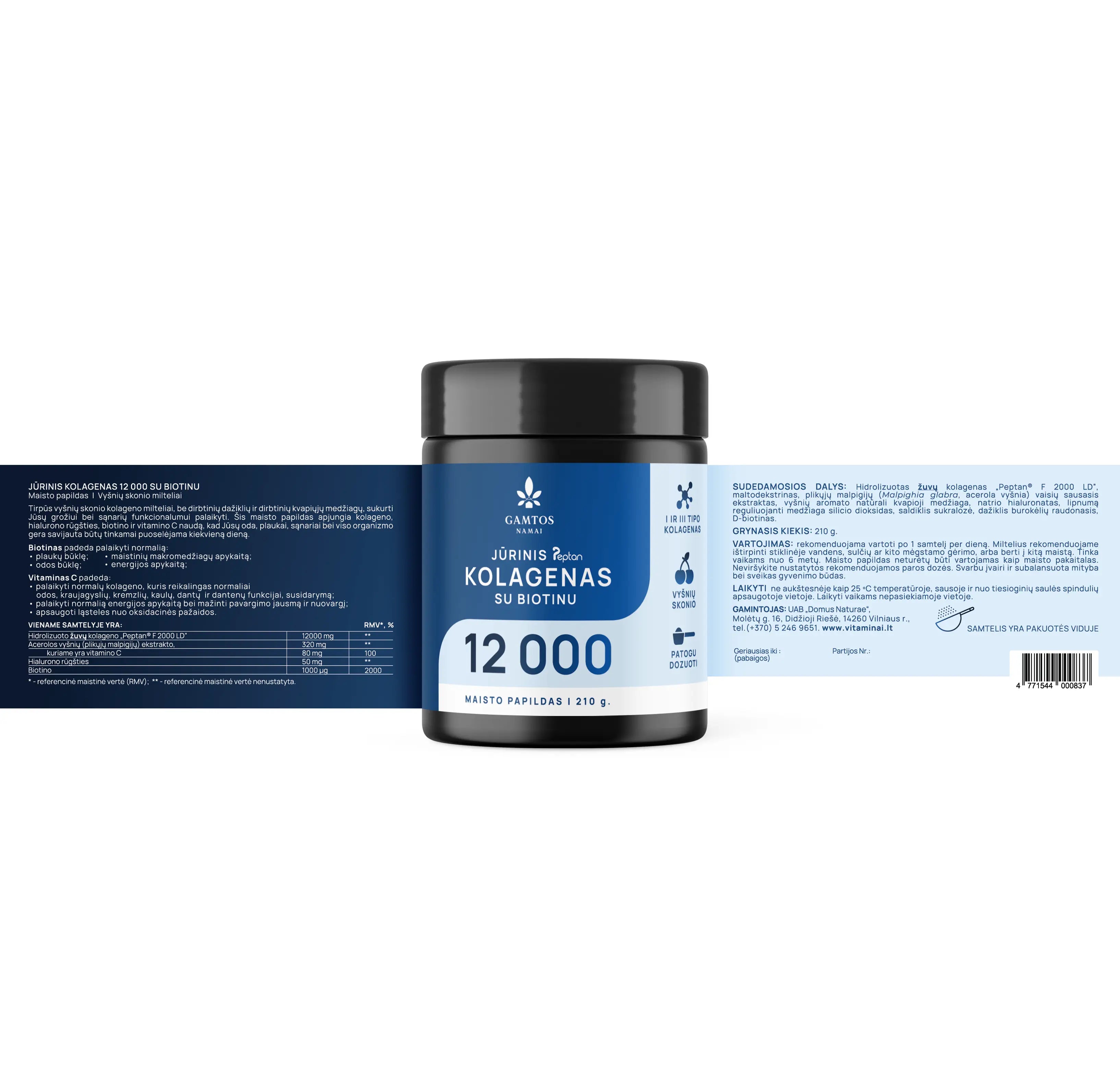 GAMTOS NAMAI, jūrinis kolagenas PEPTAN® 12000 SU BIOTINU , vyšnių skonio, 210 g