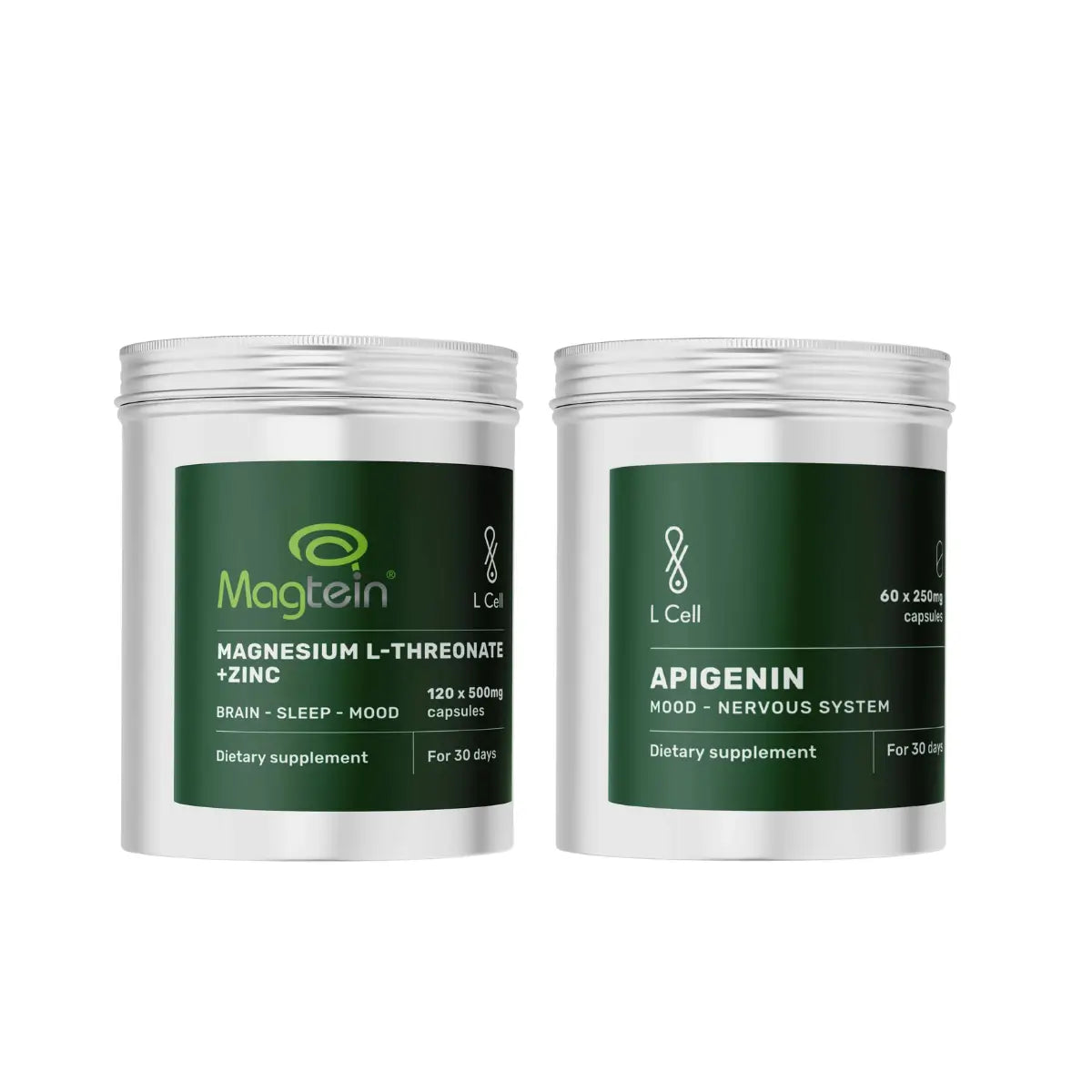 L Cell rinkinys (L Cell Magnio L-Treonatas, kapsulės 500 mg, 120 kapsulių + L Cell Apigeninas, kapsulės 250 mg, 60 kapsulių )