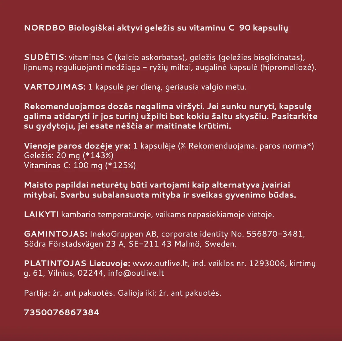 NORDBO biologiškai aktyvi geležis (bisglicinatas) su vitaminu C, 90 kaps.