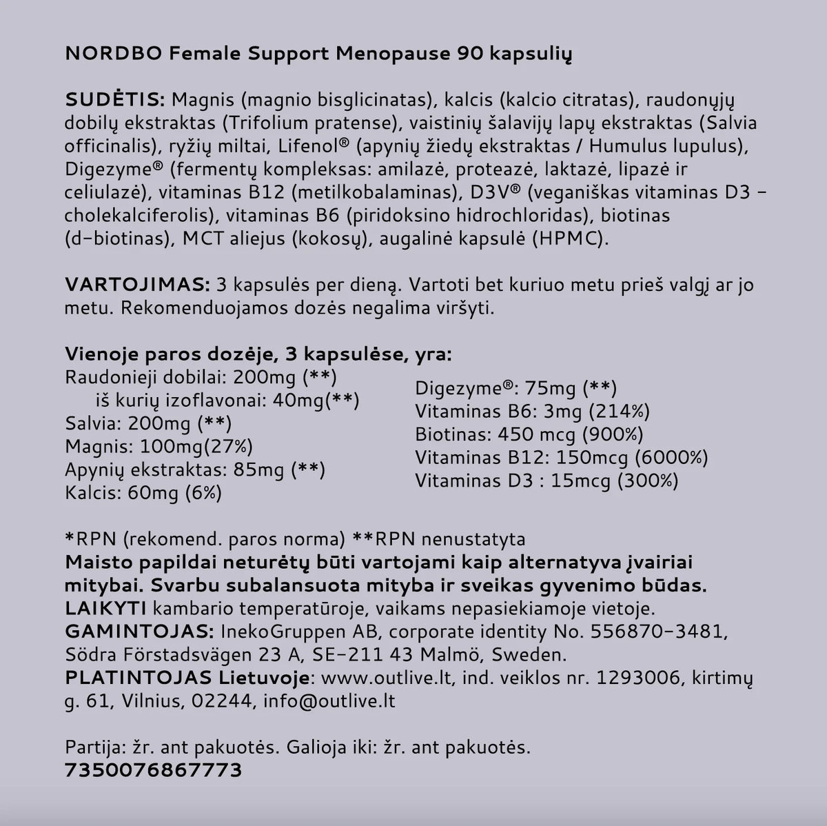 NORDBO Female Support Menopause moterų savijautai menopauzės metu, 90 kapsulių