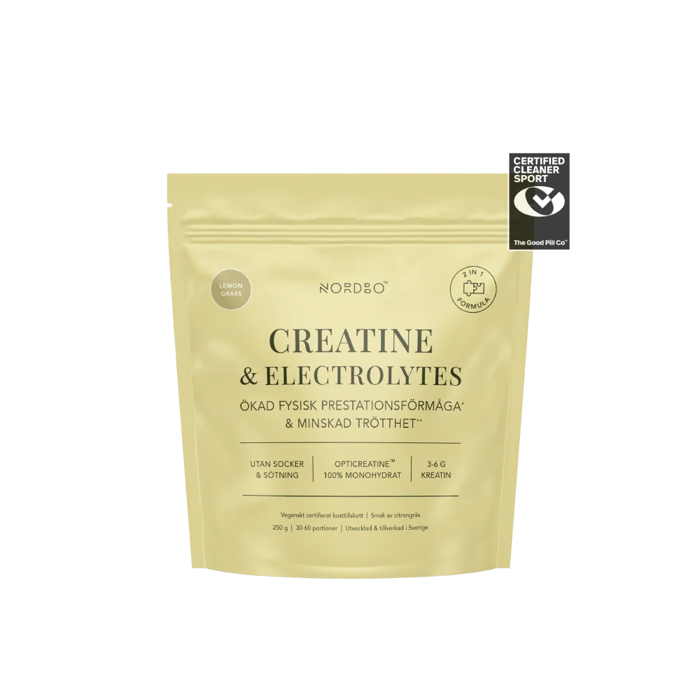 NORDBO kreatino monohidratas OptiCreatine™ su natūraliais elektrolitais, citrinžolės skonio, 250 g