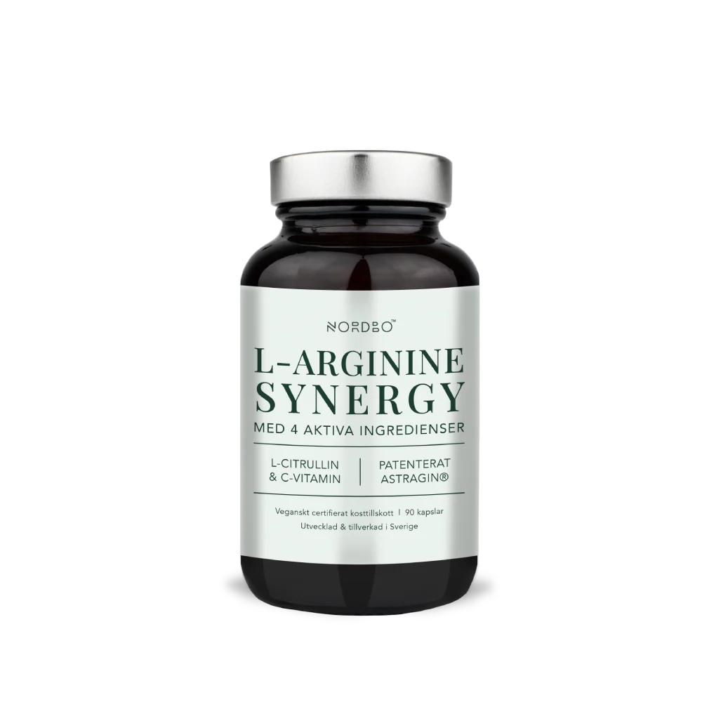 NORDBO L-Arginine Synergy L-argininas su L-citrulinu ir vitaminu C, 90 kapsulių