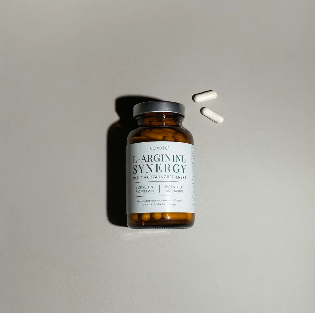 NORDBO L-Arginine Synergy L-argininas su L-citrulinu ir vitaminu C, 90 kapsulių