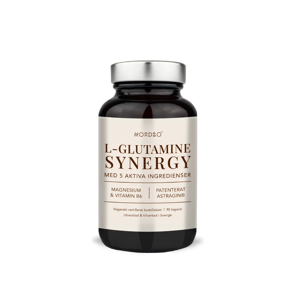 NORDBO L-Glutamine Synergy L-glutaminas raumenims, žarnynui ir odai, 90 kaps.