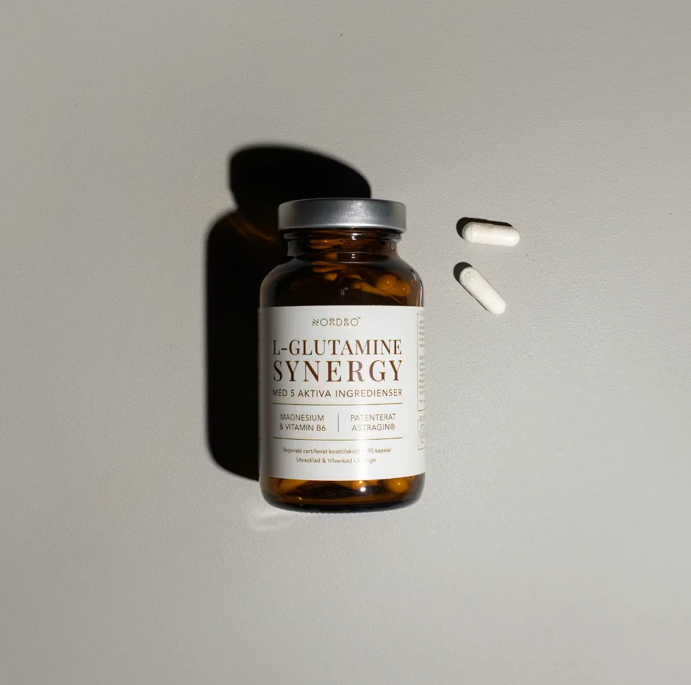 NORDBO L-Glutamine Synergy L-glutaminas raumenims, žarnynui ir odai, 90 kaps.