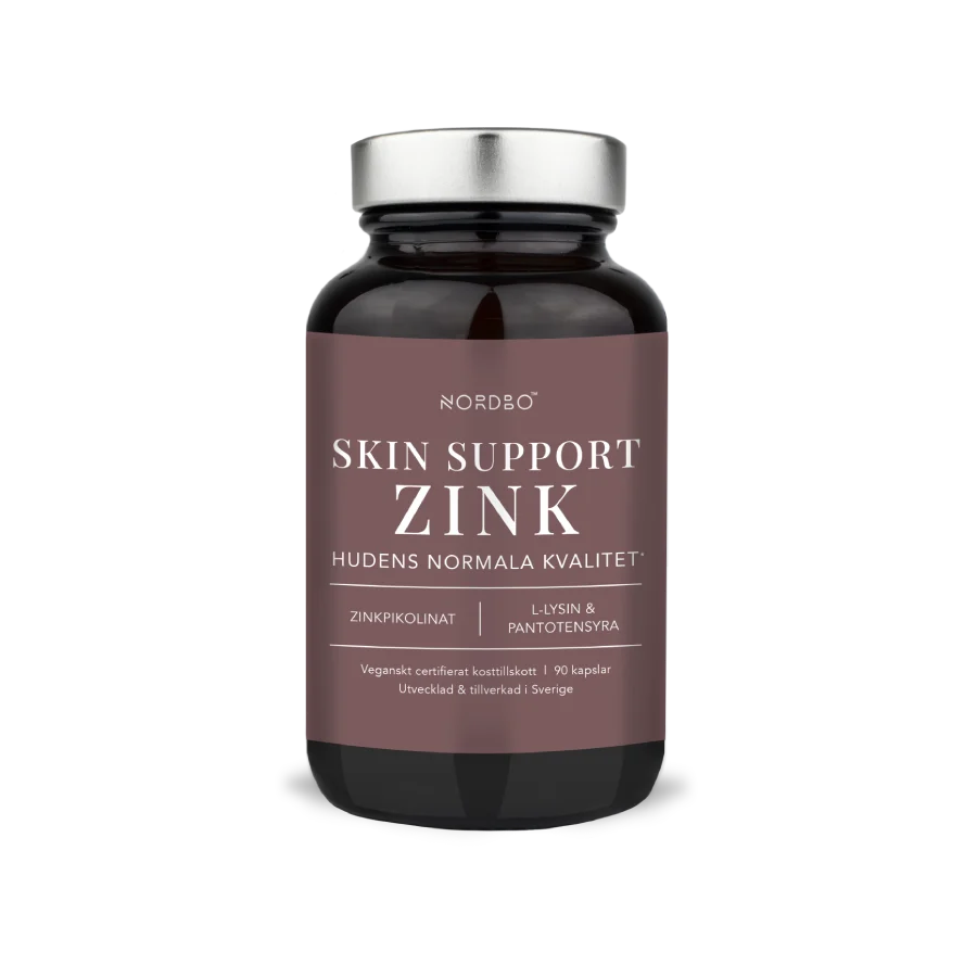 NORDBO Skin Support Zink cinkas su vitaminu B5 ir L-lizinu odai, 90 kapsulių