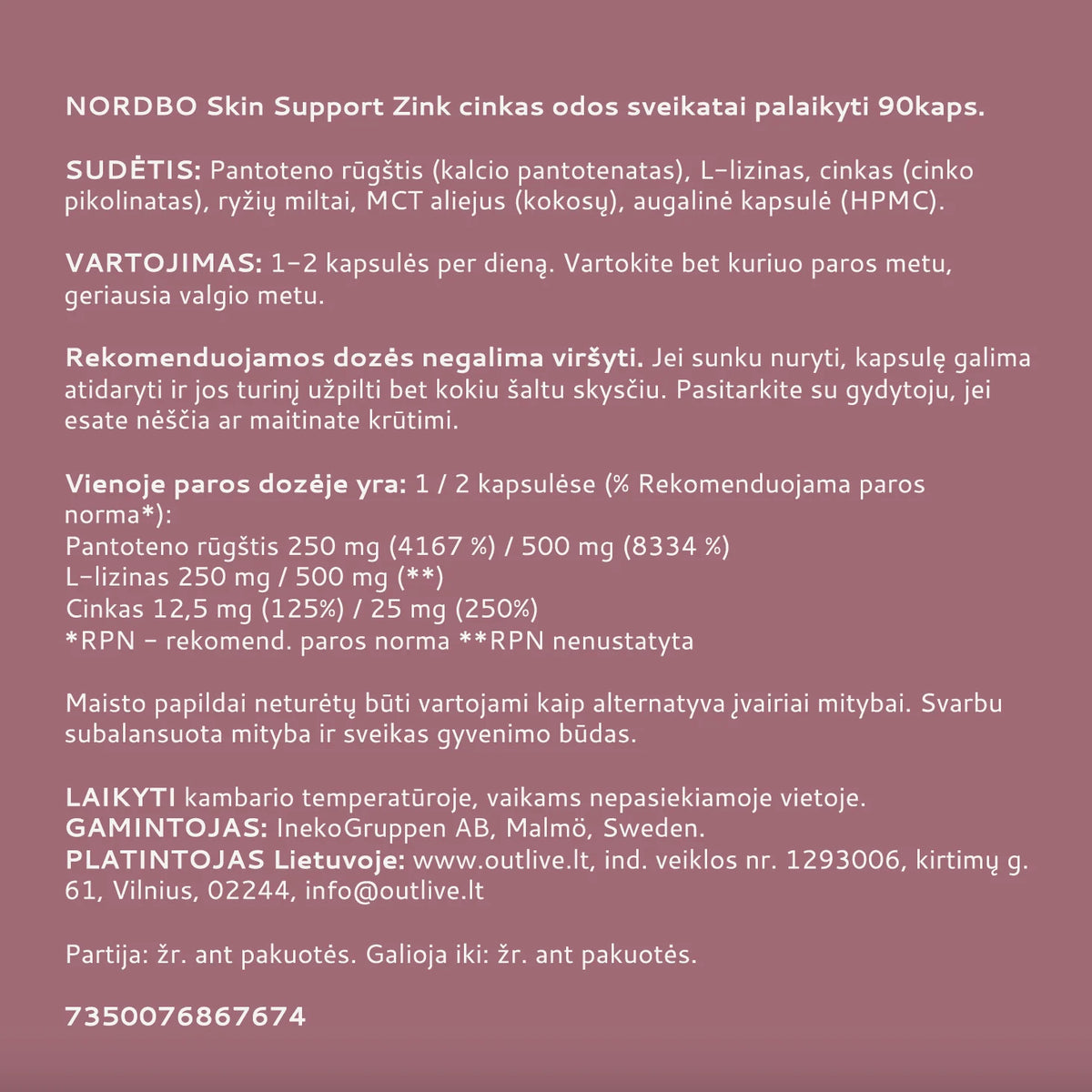 NORDBO Skin Support Zink cinkas su vitaminu B5 ir L-lizinu odai, 90 kapsulių