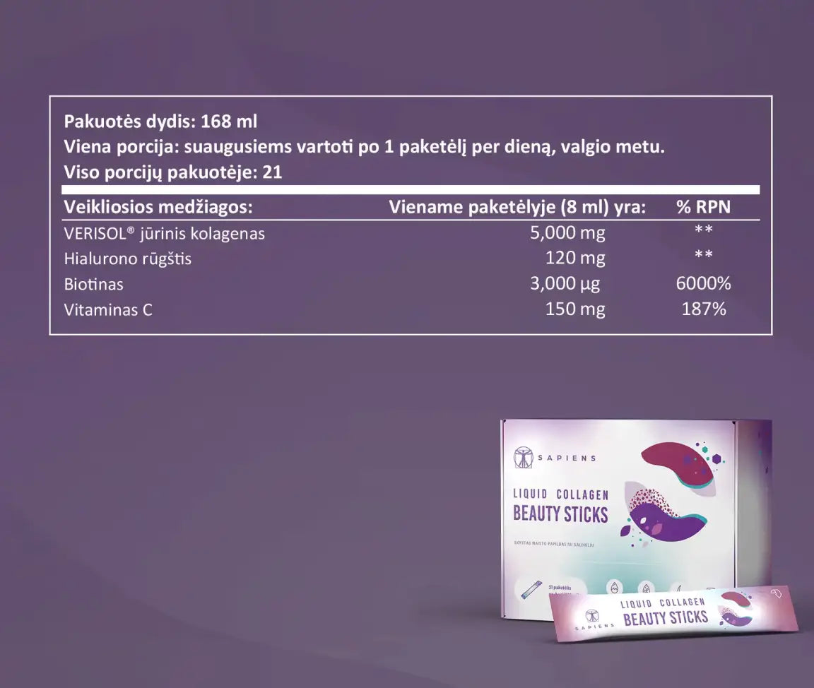 SAPIENS Liquid Collagen Beauty Sticks, 21 paketėlis po 8 ml