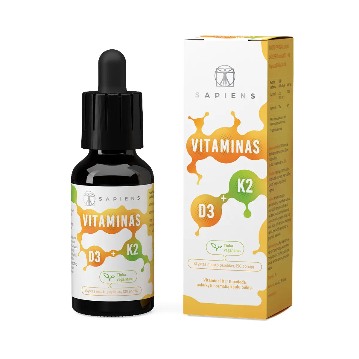 SAPIENS vitaminas D3 + K2, 30ml