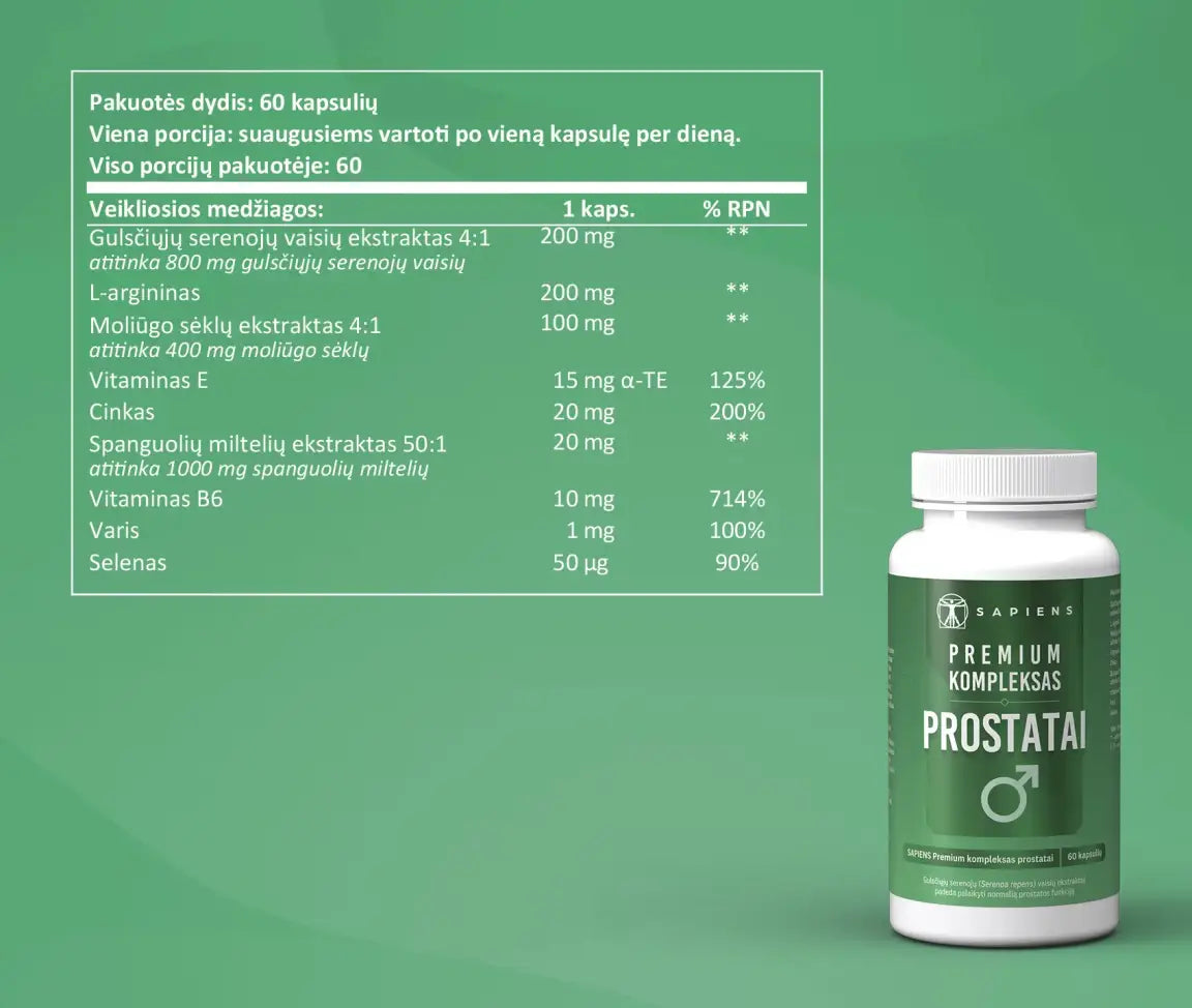 SAPIENS, premium kompleksas prostatai, 60 kapsulių