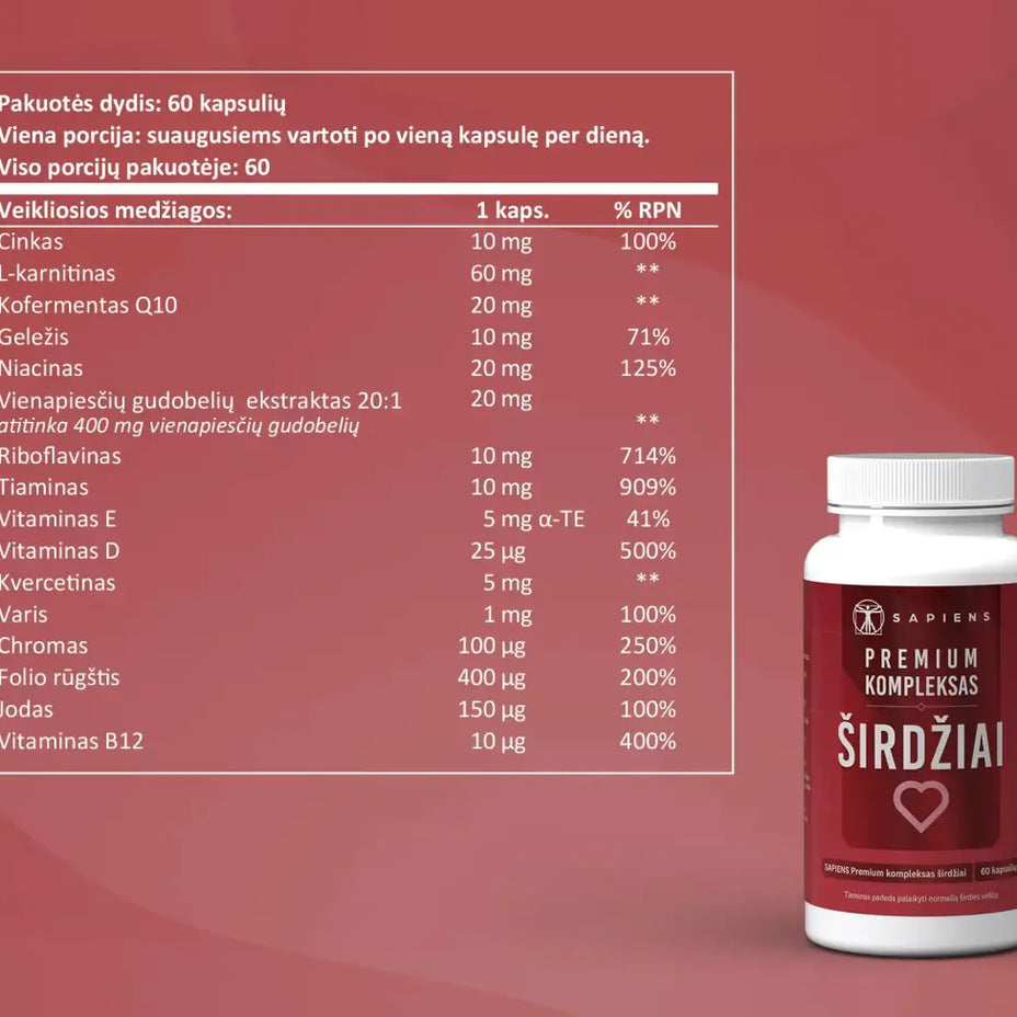 SAPIENS, premium kompleksas širdžiai, 60 kapsulių