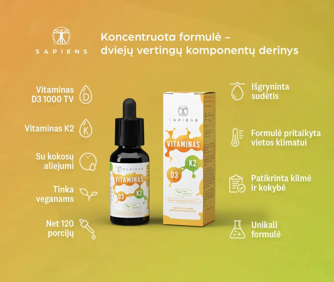 SAPIENS vitaminas D3 + K2, 30ml