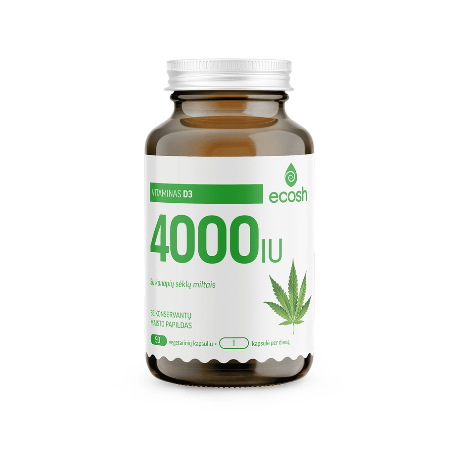 ECOSH vitaminas D3, 4000IU, su kanapių sėklų miltais, 90 kapsulių