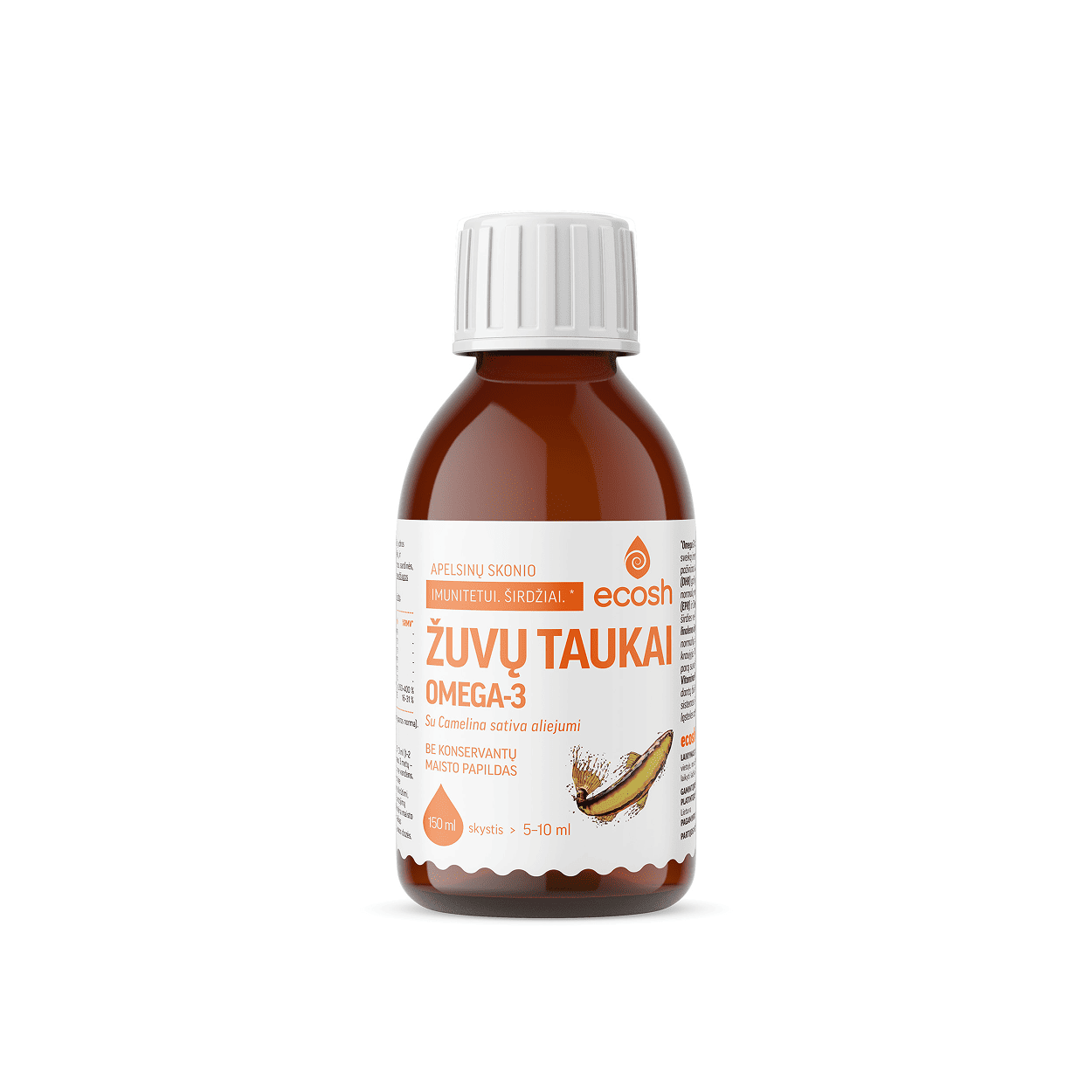 ECOSH žuvų taukai, su Camelina sativa aliejumi, apelsinų skonio, 150ml