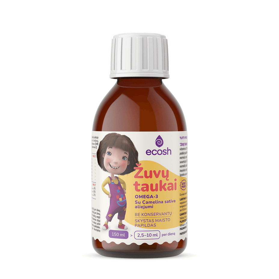 ECOSH KAKĖ MAKĖ Žuvų taukai su Camelina sativa aliejumi, Tutti Frutti skonio, 150 ml