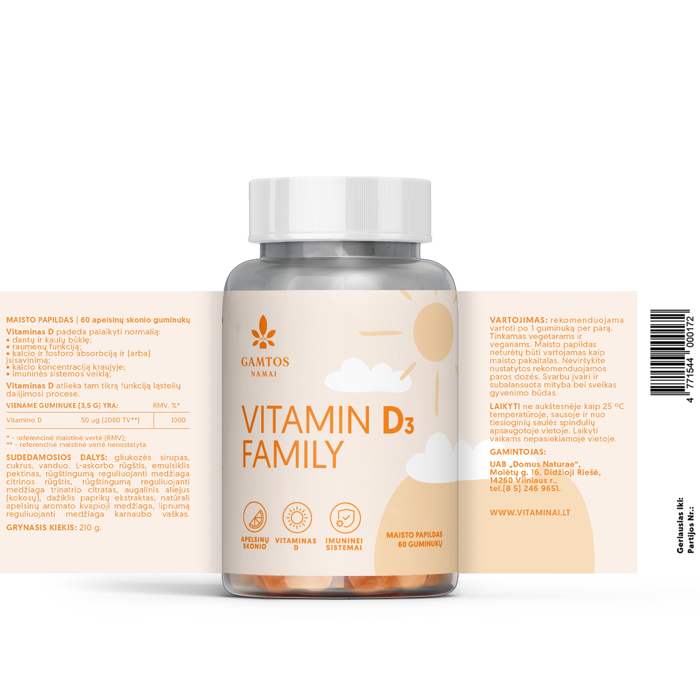 GAMTOS NAMAI, D3 FAMILY, 60 apelsinų skonio guminukų