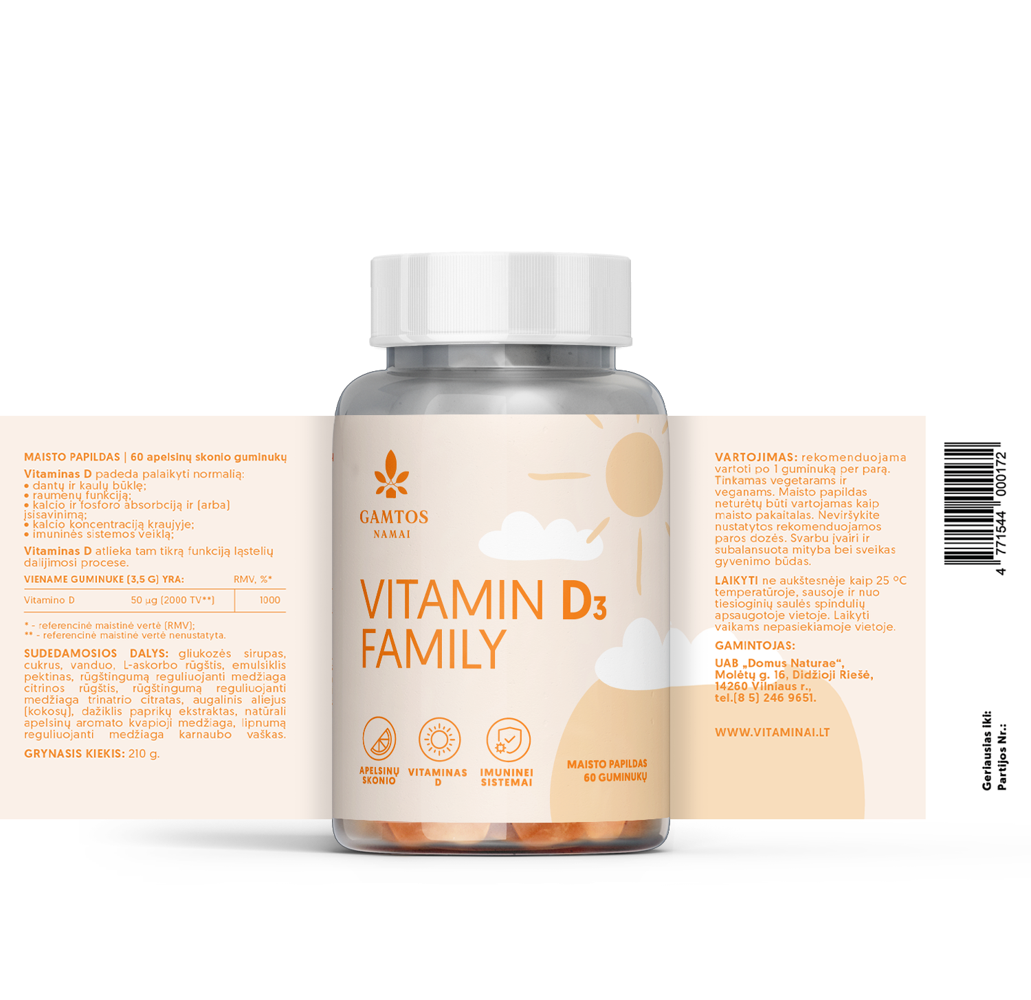 GAMTOS NAMAI, D3 FAMILY, 60 apelsinų skonio guminukų